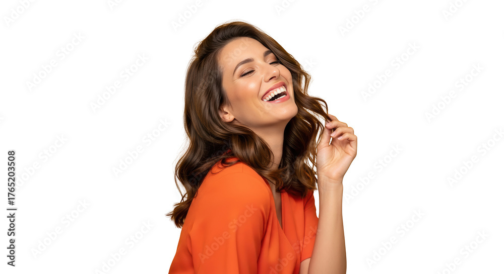 Fototapeta premium Beautiful Woman Laughing with Joy creative illustration featuring orange, pretty, joy, happy, natural, model design concept for modern