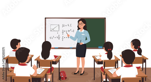 illustration of a female teacher standing in front of a whiteboard.