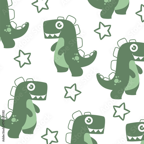 t-rex dinosaurus green seamless pattern vector cartoon design for kids apparel fullprint design