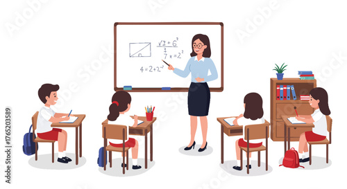 illustration of a female teacher standing in front of a whiteboard.