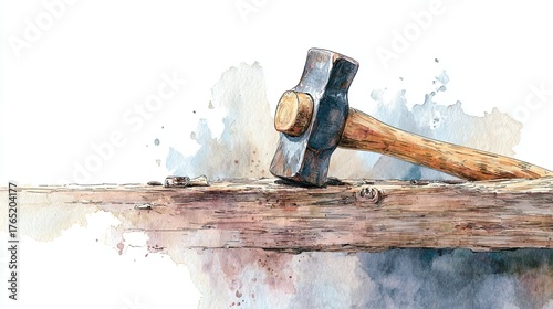 A detailed illustration of a hammer resting on a wooden surface, showcasing artistic watercolor effects and textures.
