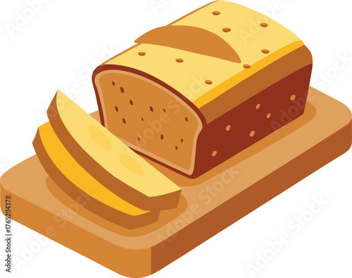Vector art of a loaf of sliced bread on a wooden cutting board, showcasing the golden crust and soft interior