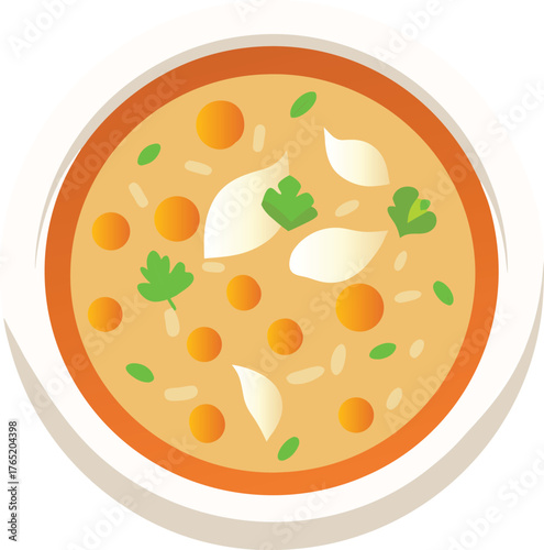 Vector art of a bowl of delicious chicken and corn soup with parsley and rice, a comforting and flavorful dish perfect for a cozy meal, served in a white bowl