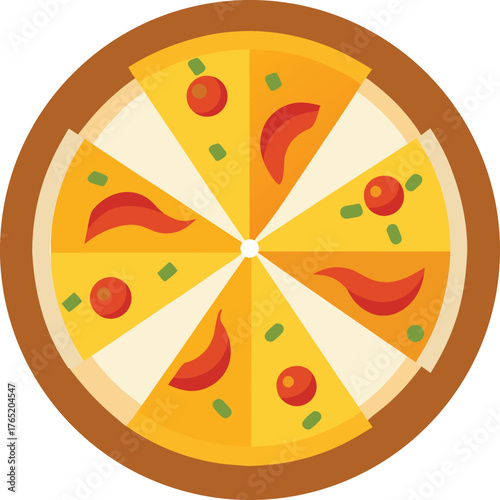 Vector art of delicious pizza with pepperoni, tomato, and green onion toppings, cut into eight slices, served on a plate