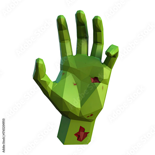 Green, geometric zombie hand with bloody wounds, against black