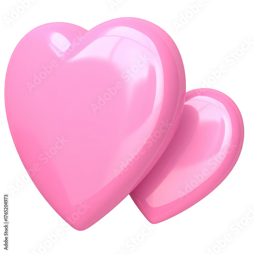 Two pink, glossy hearts interlocked, smooth & rounded