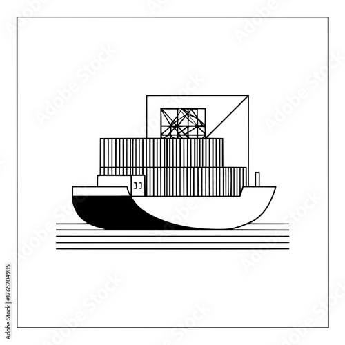 Cargo ship container vessel freight transport logistics import export trade maritime shipping commerce line art