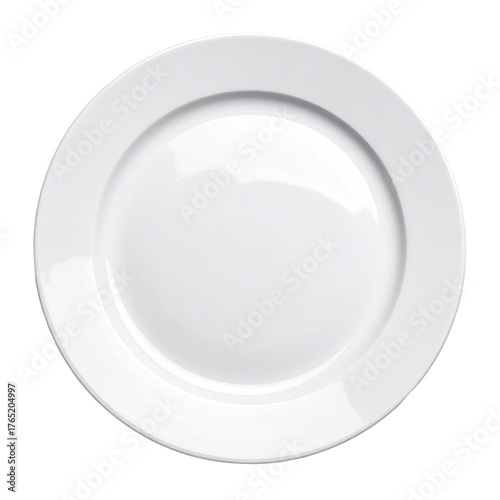 Plain white, round dinner plate against a black background