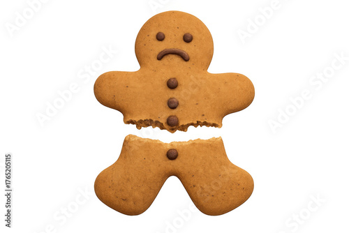 Gingerbread man cookie broken in half with sad face, showing concepts of sadness, loss, and heartbreak on transparent background