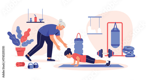 A girl and her grandmother exercise together in a home gym.