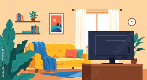 A cozy living room with a yellow sofa and a television set.