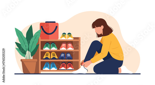 A person ties their shoe next to a shoe rack with shoes.
