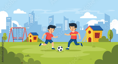 Two young boys play soccer in a park with a city skyline in the background.