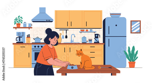 A person is feeding a hungry cat with food from a bowl on a table.