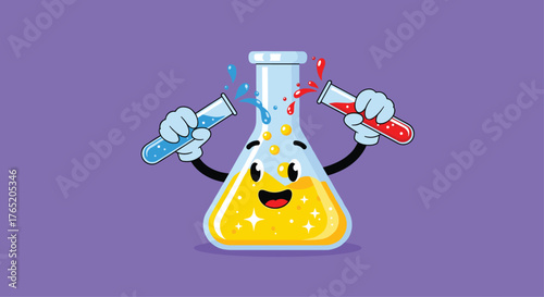 Cheerful cartoon flask mixes colorful liquids in test tubes with glee.