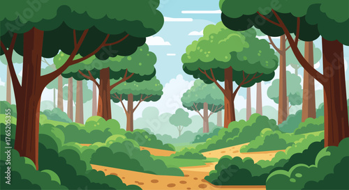 A peaceful forest path on a clear day.