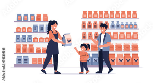 A family buys pet food at the pet store.