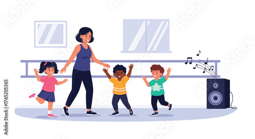 Children enjoying a fun dance class with their teacher.