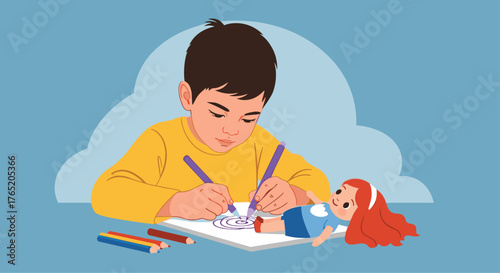 A young boy sits at a table drawing with crayons next to his doll.