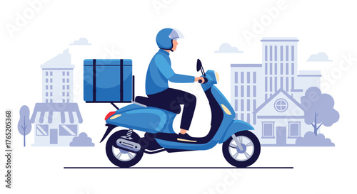 A delivery person rides a blue scooter through a city landscape.