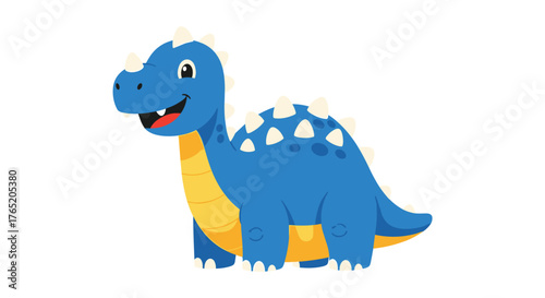 A cute blue dinosaur with spikes on its back and a yellow belly stands on a white background.