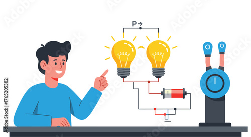 A young boy demonstrating a simple electrical circuit with two light bulbs.