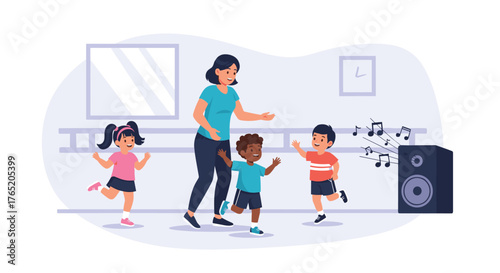 A teacher leads a dance class for young children in a studio.