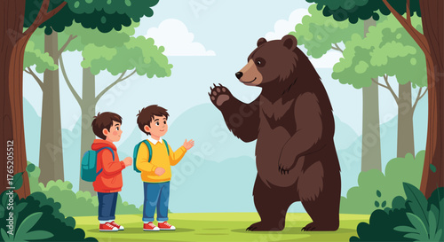 A friendly bear greets two boys in a forest.