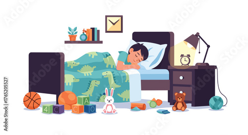 A young boy sleeps peacefully in his bed surrounded by toys.