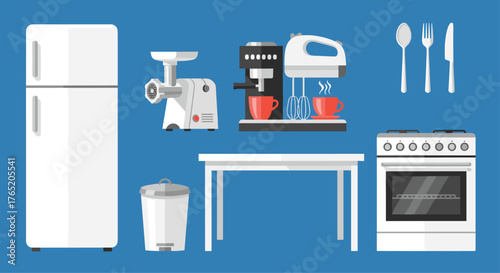 A collection of essential kitchen appliances and furniture for everyday cooking tasks.