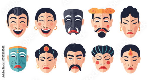 A collection of expressive facial masks from different cultures.