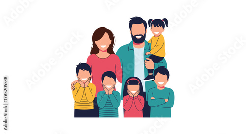 A happy diverse family of six people posing together.