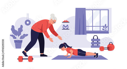 Grandmother helps granddaughter do a push-up on a mat indoors.