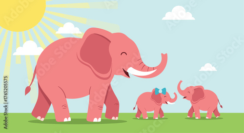 A playful family of pink elephants enjoys a sunny day outdoors.