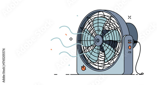 A box fan circulates air on a white background.