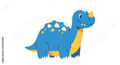 Cute blue friendly dinosaur with spikes and spots smiling.
