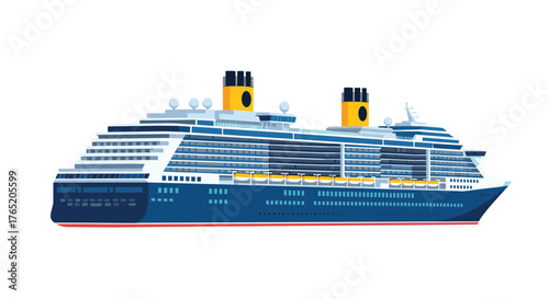 Large modern blue and white cruise ship with yellow funnels sailing on the ocean.