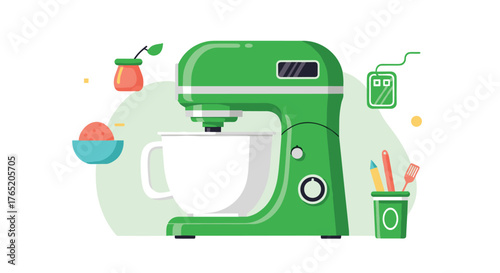 Green stand mixer with bowl whisking ingredients for baking delicious treats.