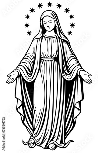 Description (200 characters max):
Our Lady of Grace line art with star crown and open hands. Virgin Mary miraculous medal pose in flowing robes. 