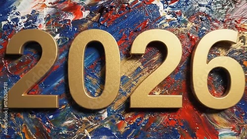 Golden 2026 Text on a Vibrant Abstract Oil Paint Background