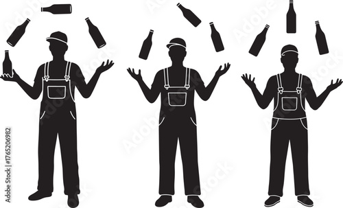 Three men juggling bottles silhouette