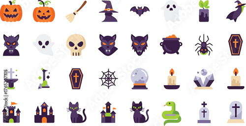 Collection of halloween icons and symbols including pumpkins witches bats ghosts skulls spiders coffins and more isolated on transparent background