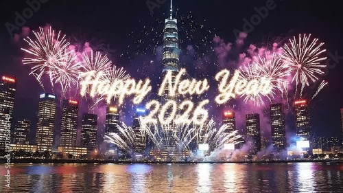 City Skyline Fireworks Display with Script Happy New Year 2026 Text