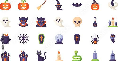 Collection of halloween icons and symbols including pumpkins bats ghosts skulls and spiders isolated on transparent background