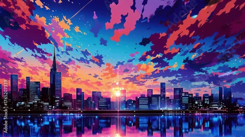 Vibrant city skyline at sunset with colorful clouds, serene reflections on water, and bright moon creating cinematic atmosphere