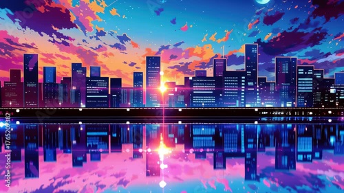 Vibrant city skyline at sunset with colorful clouds, reflections on water, and bright moon creating tranquil urban scene
