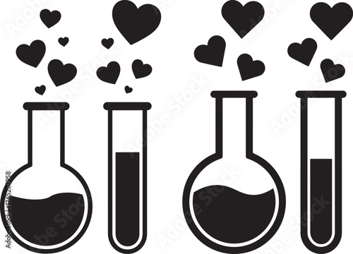 Love chemistry silhouette with hearts and beakers