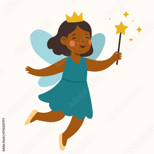 Flat vector of girl in fairy costume with wings, wand, and sparkles