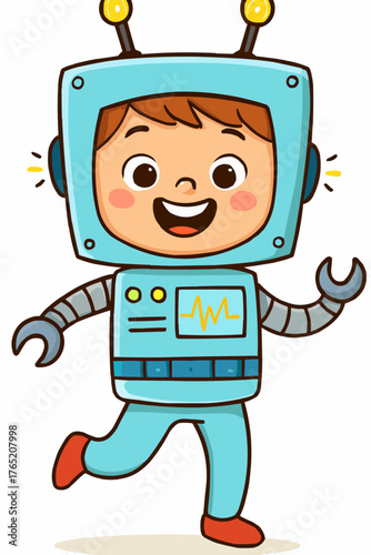 Vector of child in robot costume with blinking lights and mechanical arms