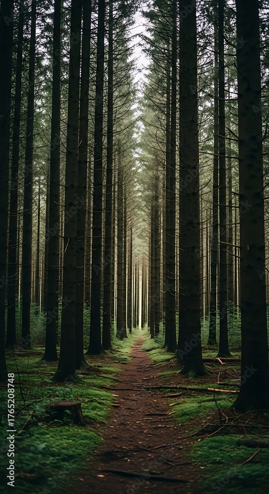 Obraz premium Sunlit Path Through a Dense and Serene Forest.